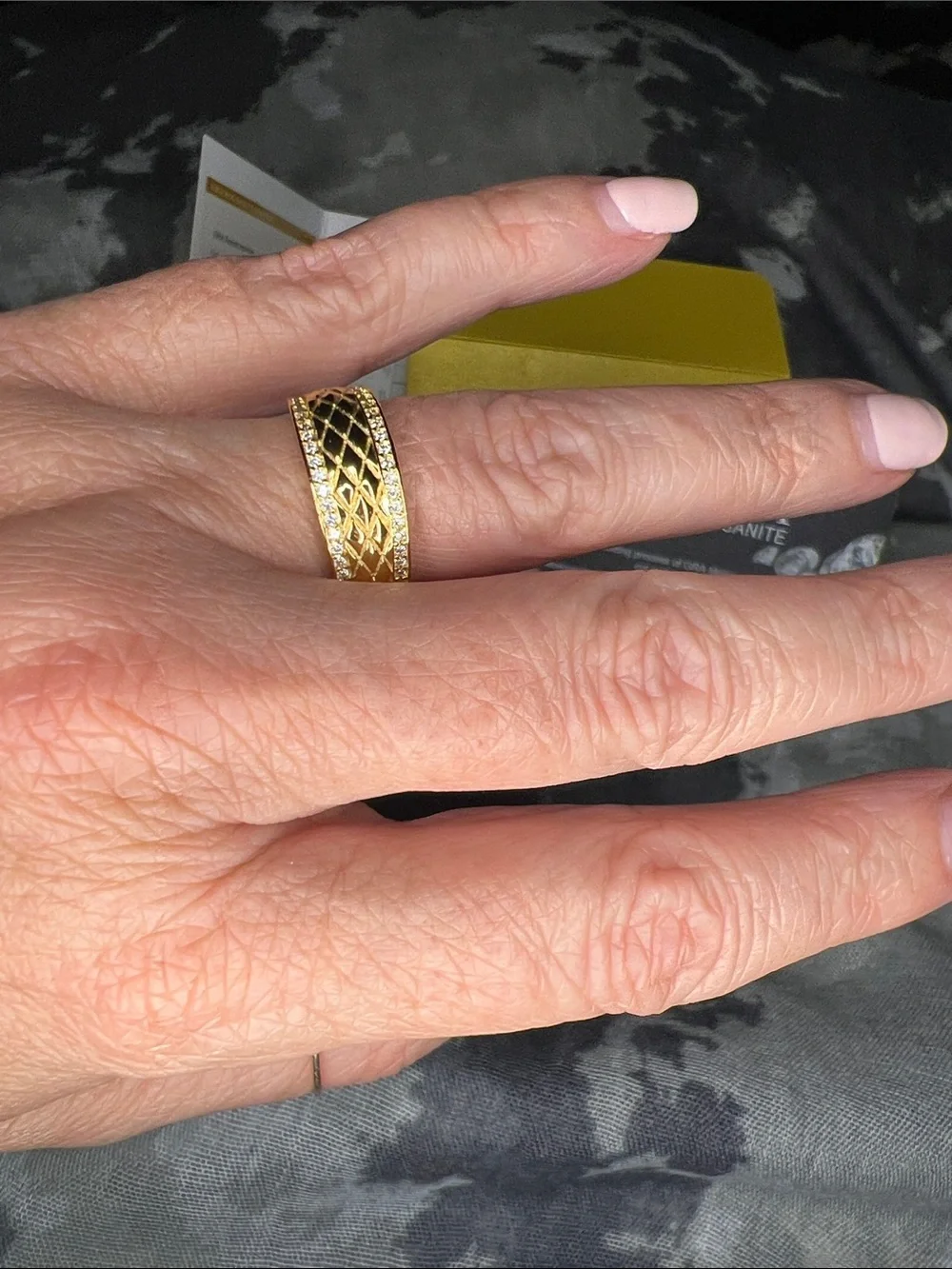 Gold Lattice Pattern Band Ring - GRA Moissanite